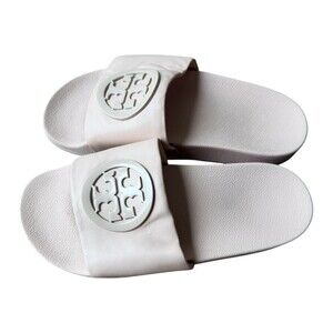 Tory Burch Ines Leather Slide Sandals Blush Pink Cream Logo Cutout Shoes Women 5
